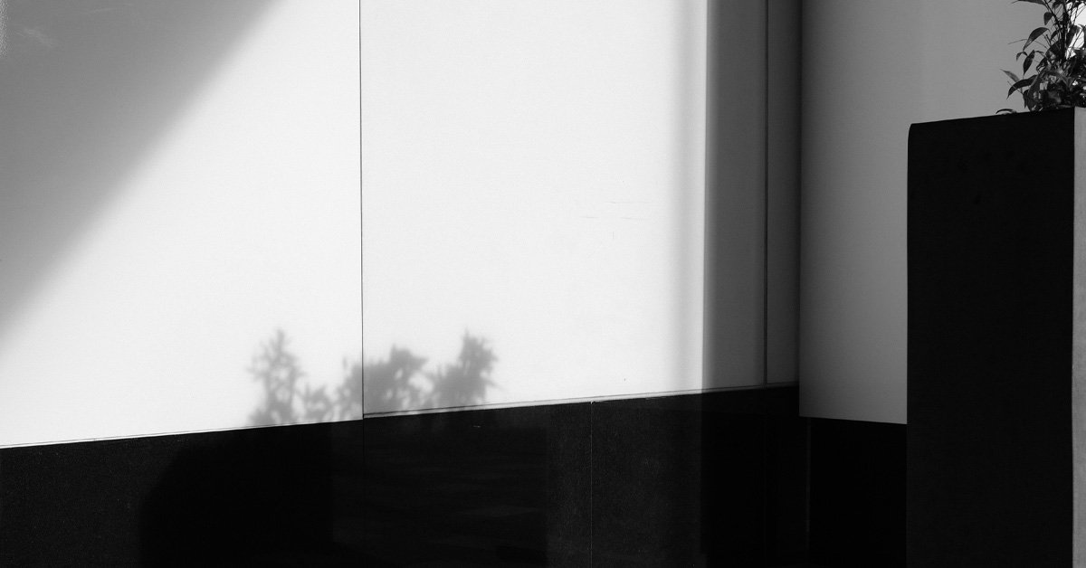 Black and white image of sunlight casting shadows across a minimalist interior wall and dark base.