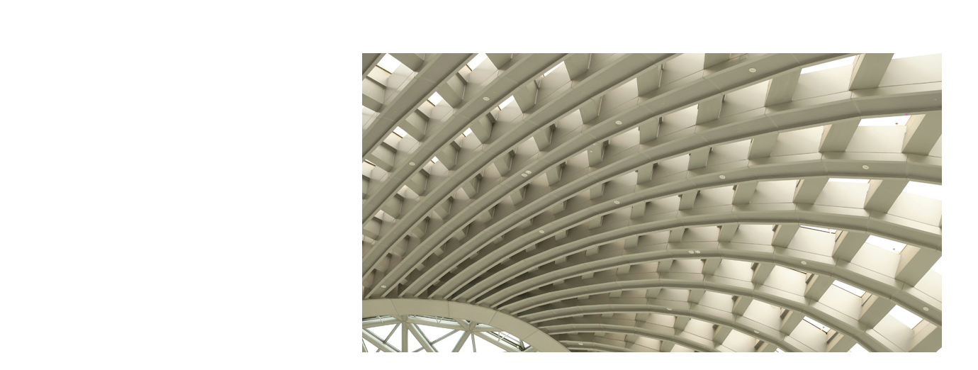 Curved architectural ceiling with repeating beams forming a geometric structural pattern.